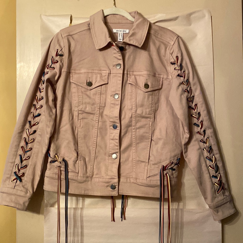 Peace Love World Khaki Fringe Braided Denim Jacket Xs